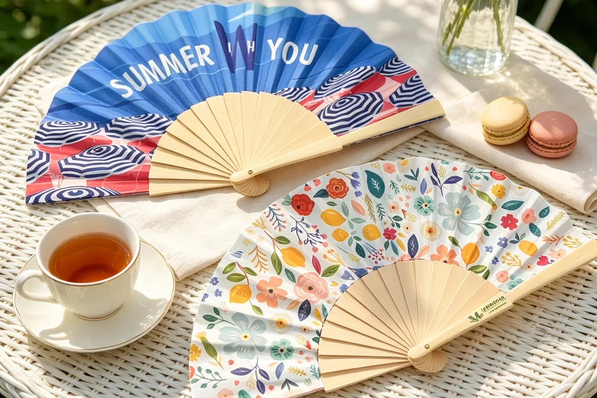 Colorful folding fans arranged on an outdoor table.