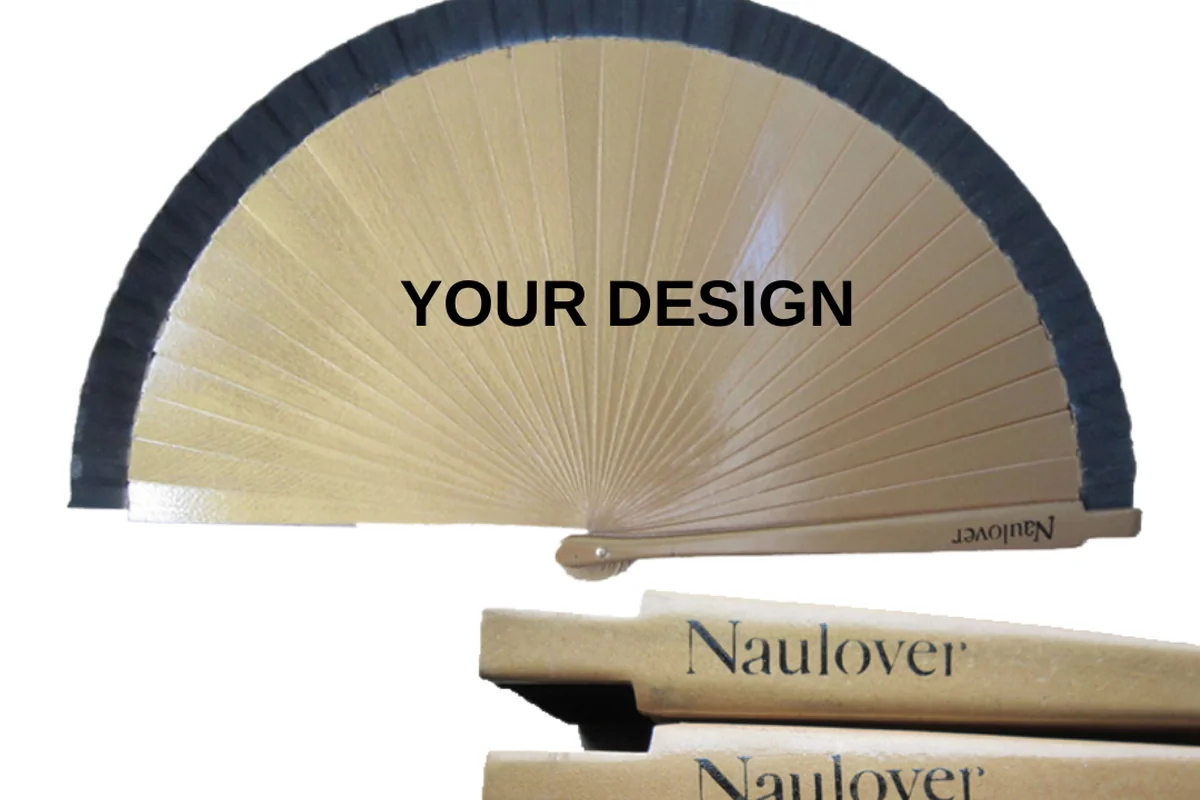 Natural-colored folding fan with a black border beside outer guards with lettering.