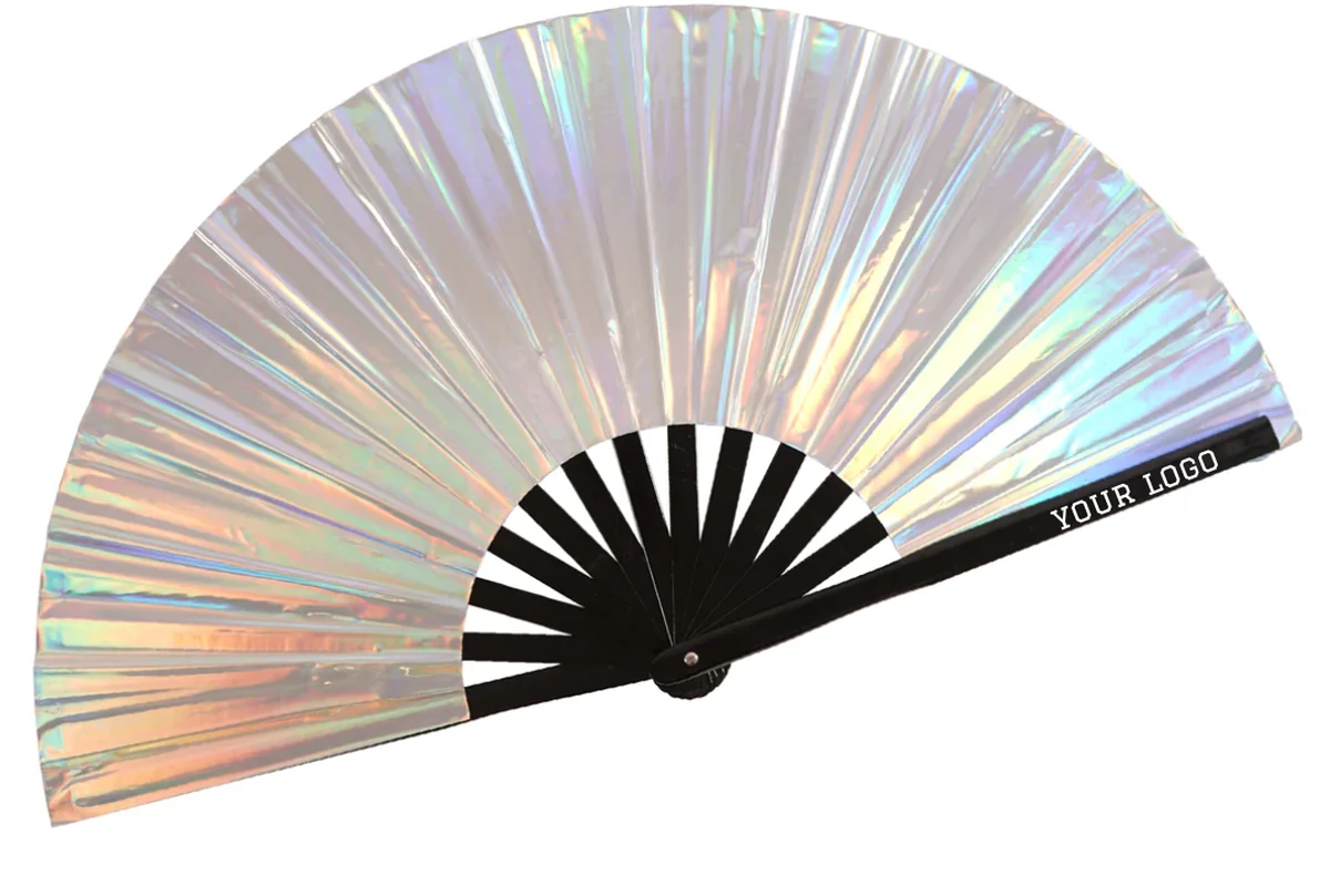 Silver iridescent folding fan with black ribs.