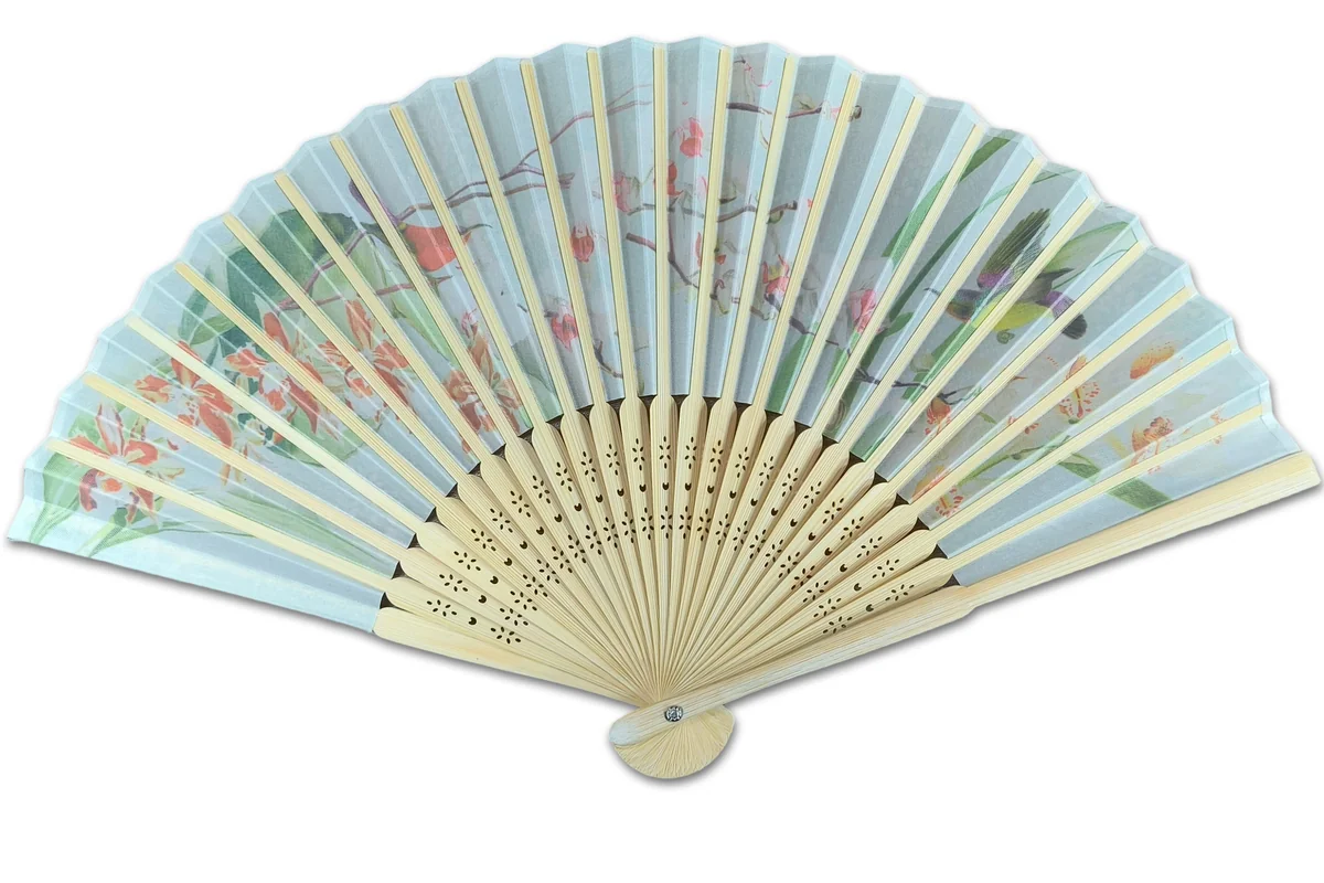 Reverse of a pale illustrated folding fan with visible natural-colored ribs.