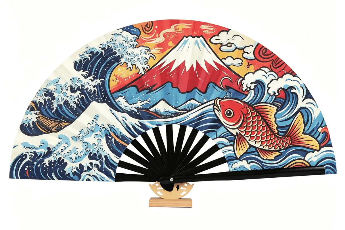 Folding fan with koi fish and wave artwork on a wooden stand.