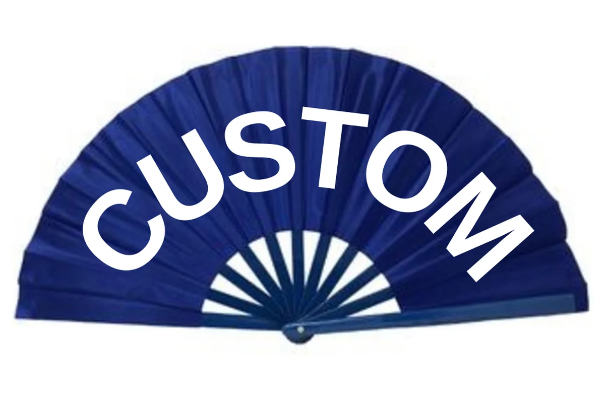 Blue folding fan with white Custom lettering and matching ribs.