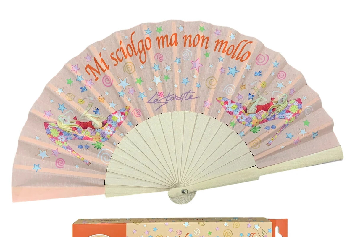 Pastel illustrated folding fan with a matching printed box.