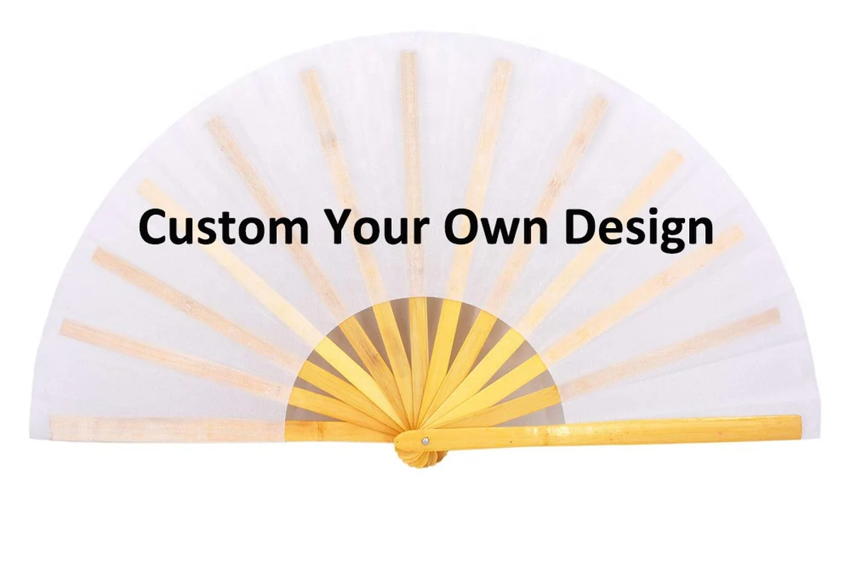 White folding fan with golden-colored ribs and sample custom-design lettering.