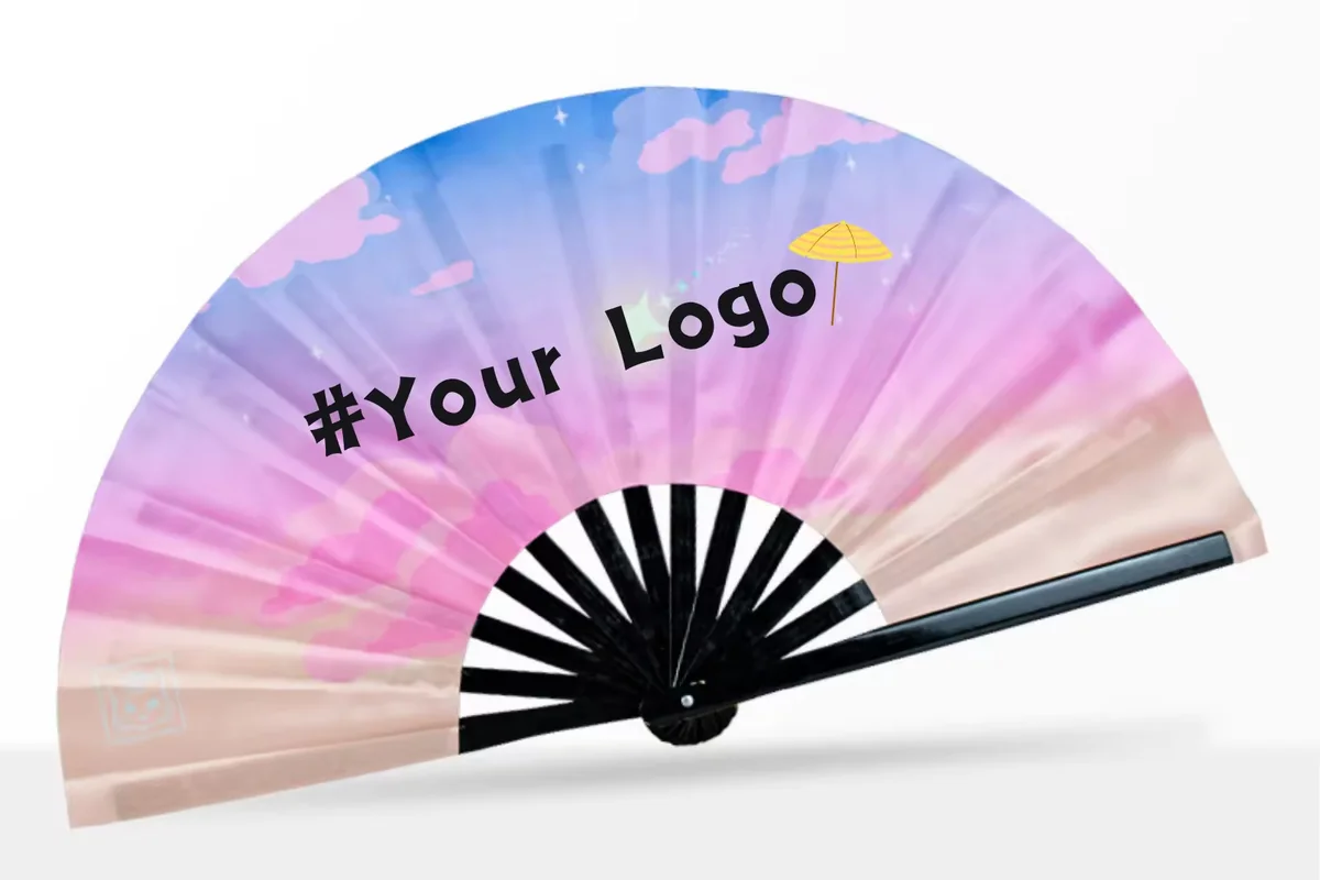 Pastel folding fan with clouds, black ribs and sample logo text.
