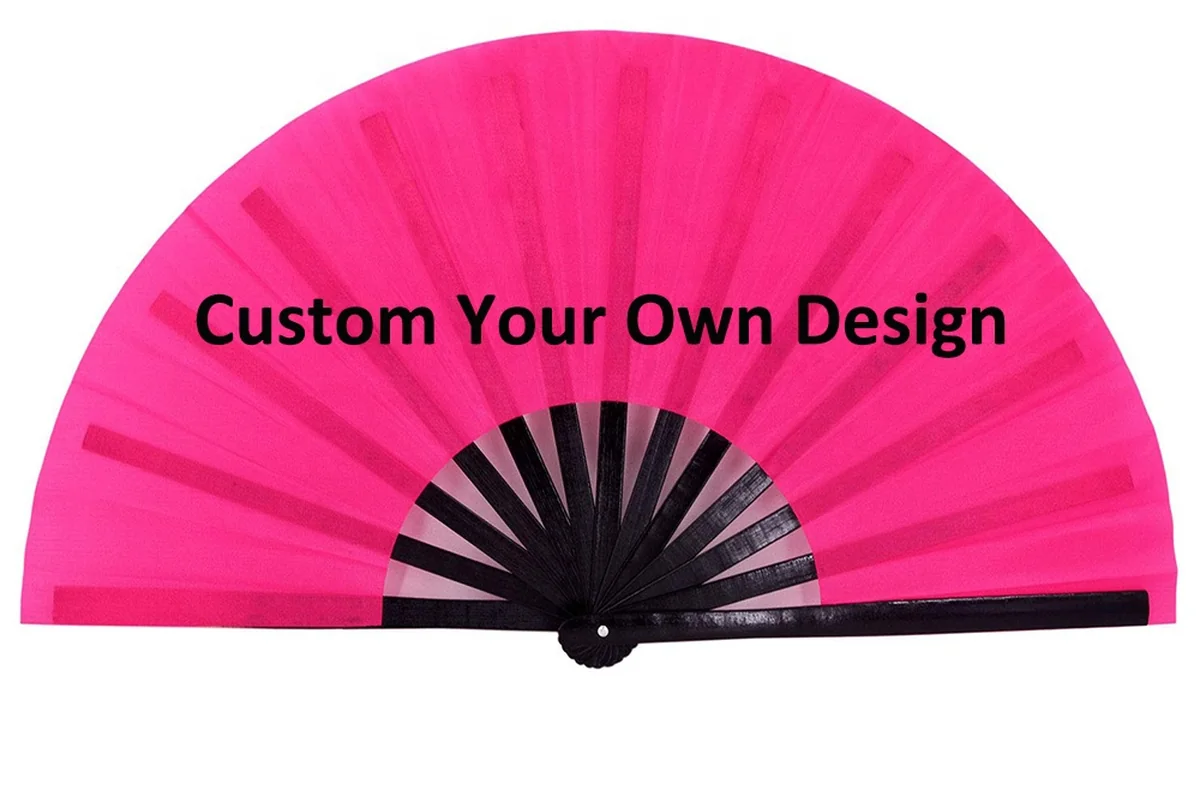Bright pink folding fan with black ribs and sample lettering.