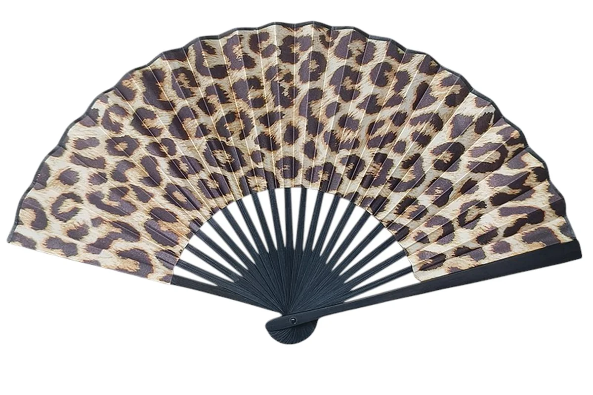 Leopard-print folding fan with black ribs.