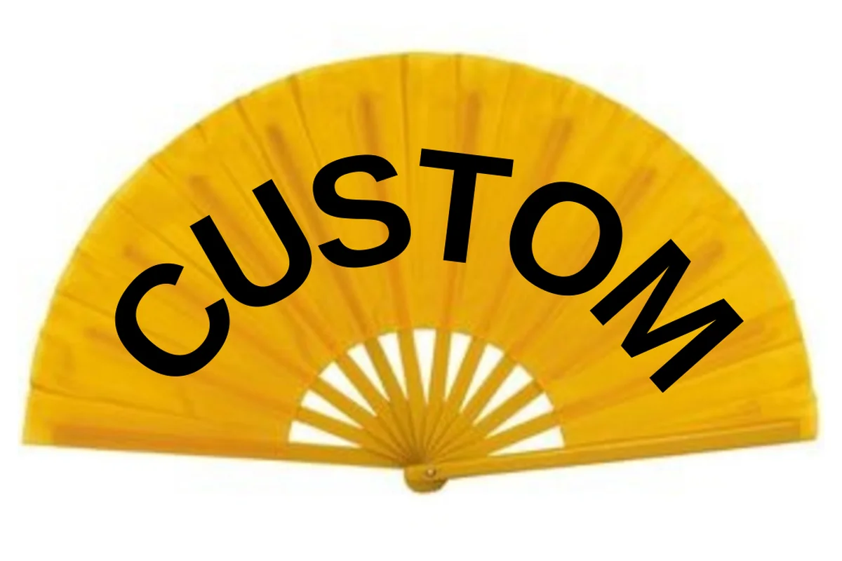 Yellow folding fan with bold black Custom lettering.