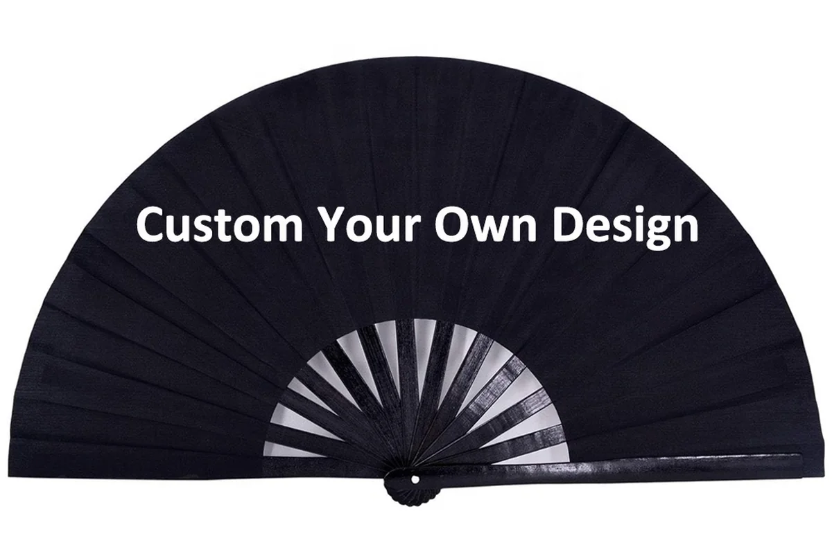 Black folding fan with white sample lettering and black ribs.