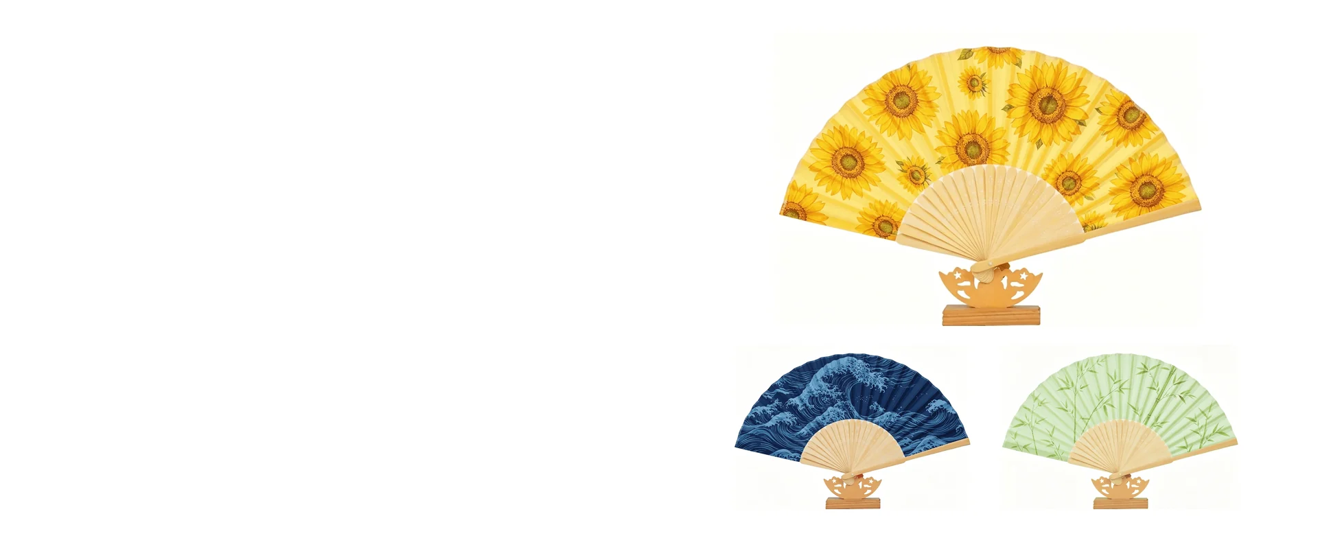 Yellow folding fan with a sunflower print.