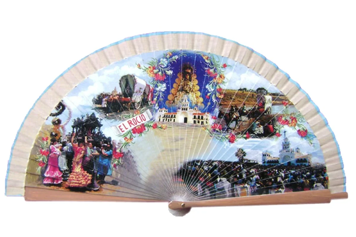 Folding fan printed with colorful travel photographs and illustrations.