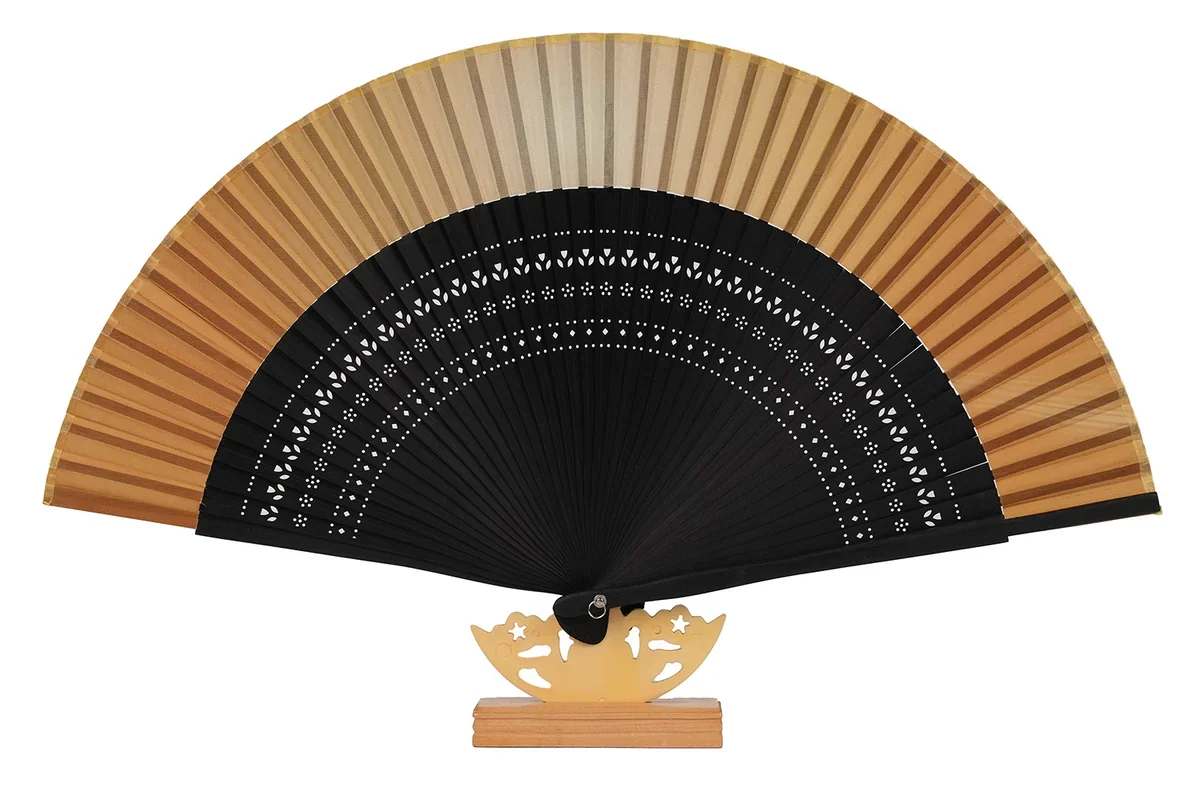 Tan folding fan with black ribs and a decorative cutout pattern.