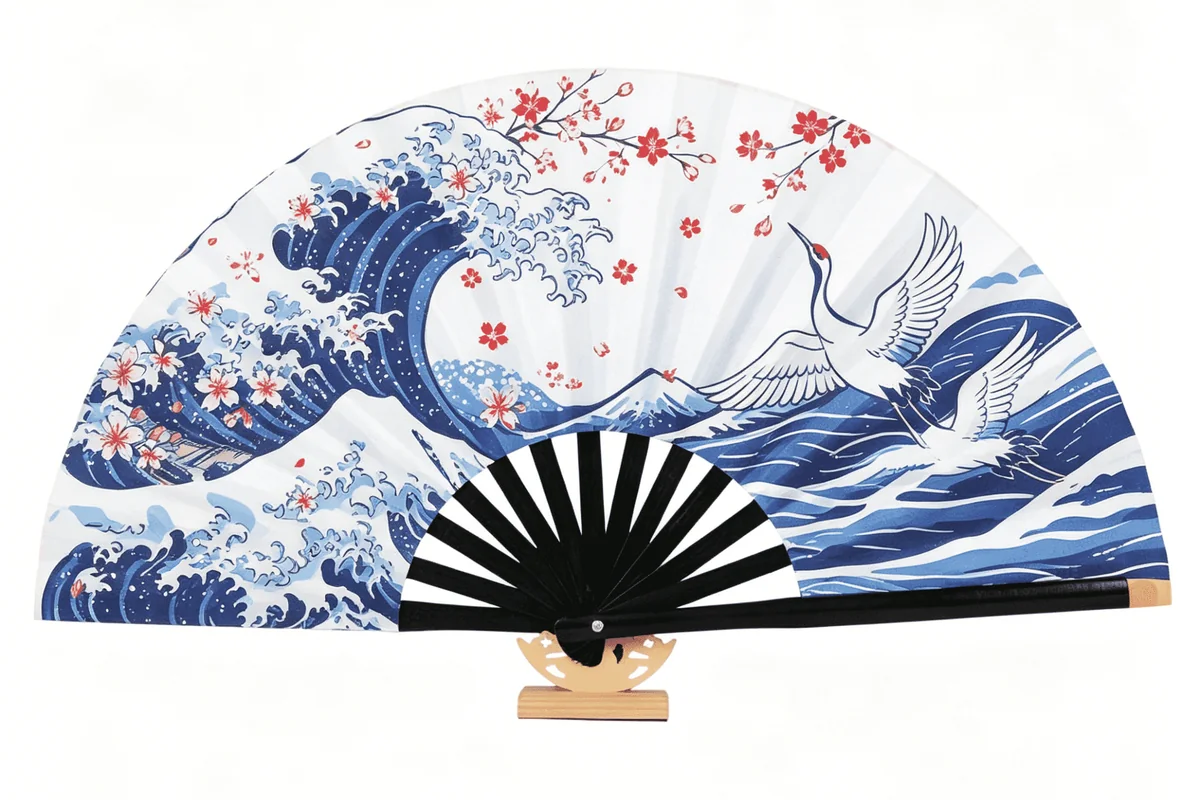 Folding fan with blue waves, white cranes and pink blossoms.