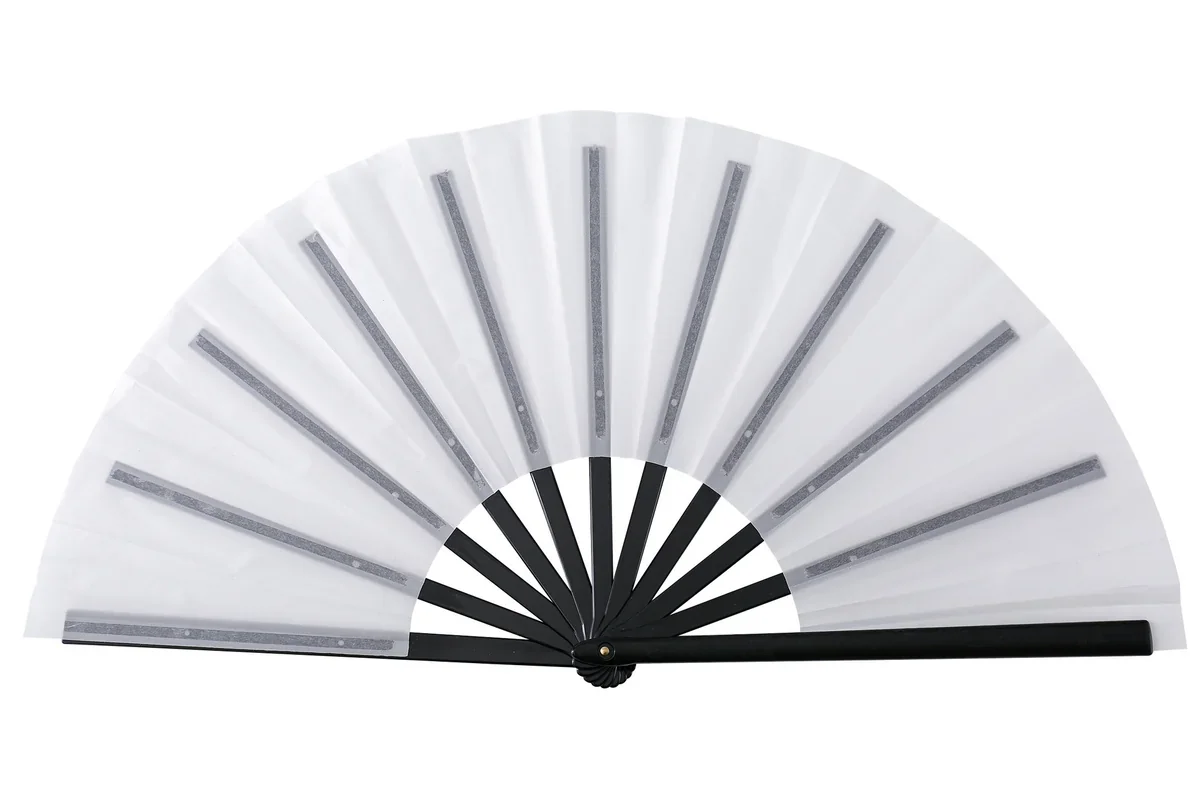 White folding fan with black ribs and a black pivot.