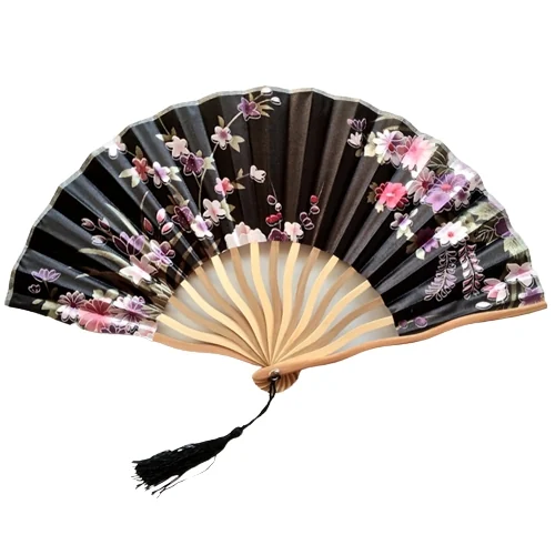 Open black folding fan with pink blossoms, pale curved ribs and a black tassel