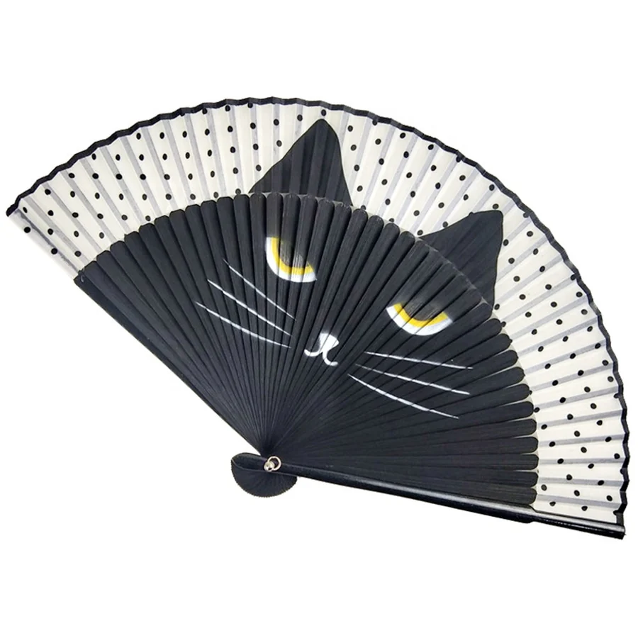 Black cat folding fan with yellow eyes, white whiskers and a dotted border