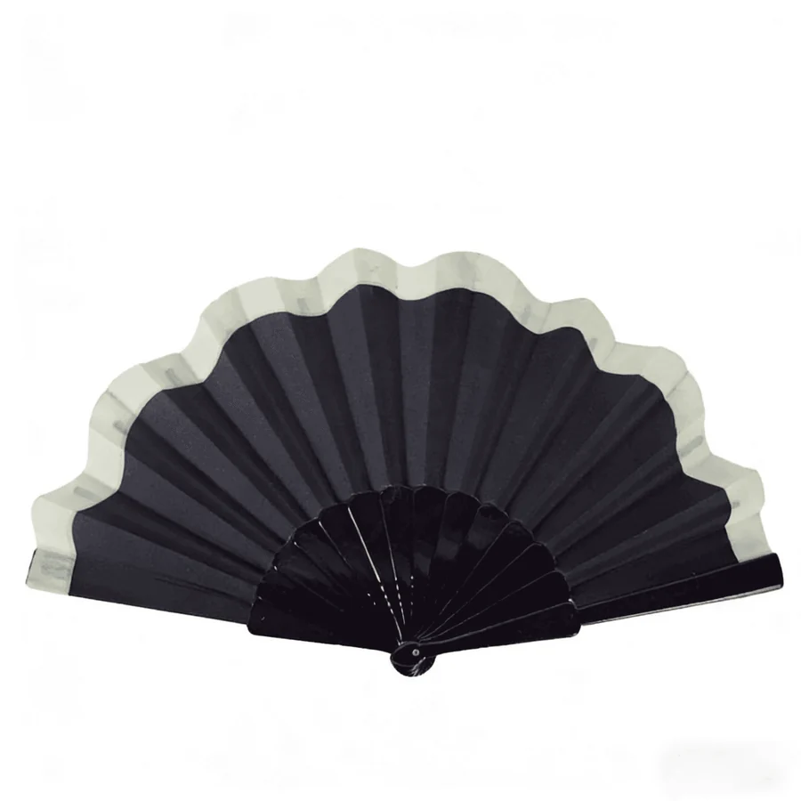 Open black folding fan with a pale scalloped outer border
