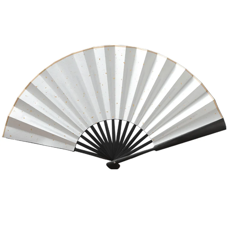 Plain white folding fan with a black frame shown fully open
