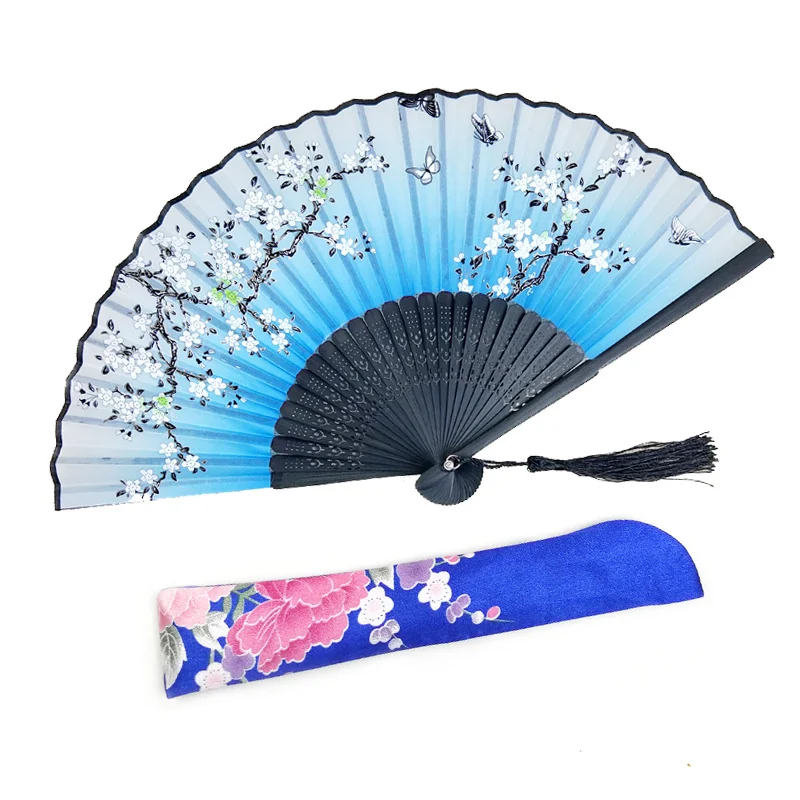 Blue gradient blossom folding fan with black ribs, tassel and floral sleeve