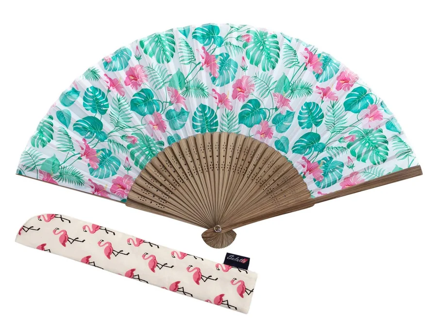 Folding fan with green leaves and pink flowers beside a flamingo-print sleeve