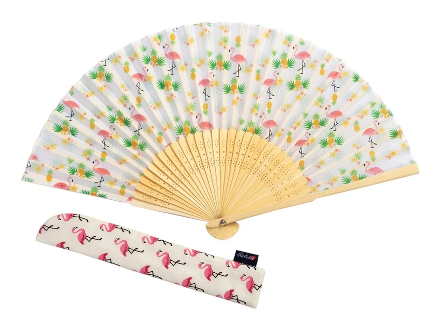 Folding fan with pineapple and flamingo prints beside a flamingo-print sleeve