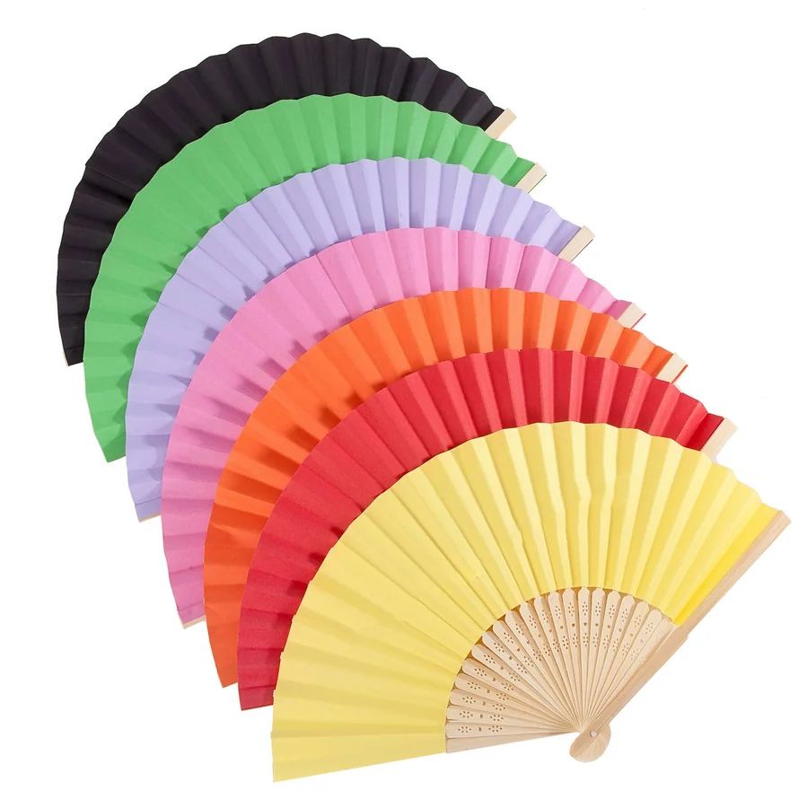 Overlapping folding fans in yellow, red, orange, pink, purple, green and black