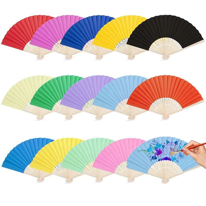 Folding fans in assorted solid colors arranged in rows, with one floral example