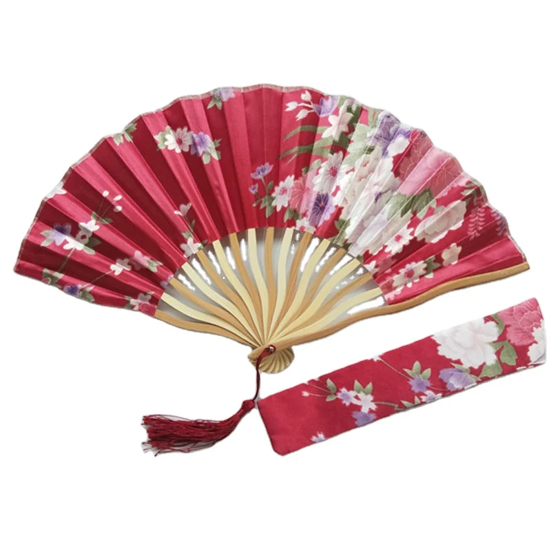 Burgundy floral folding fan with a matching tassel and printed sleeve