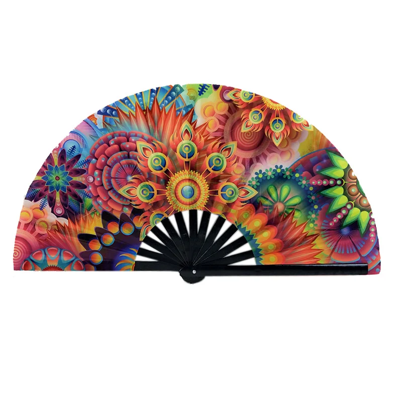 Large folding fan with vivid multicolored illustrated artwork and a black frame