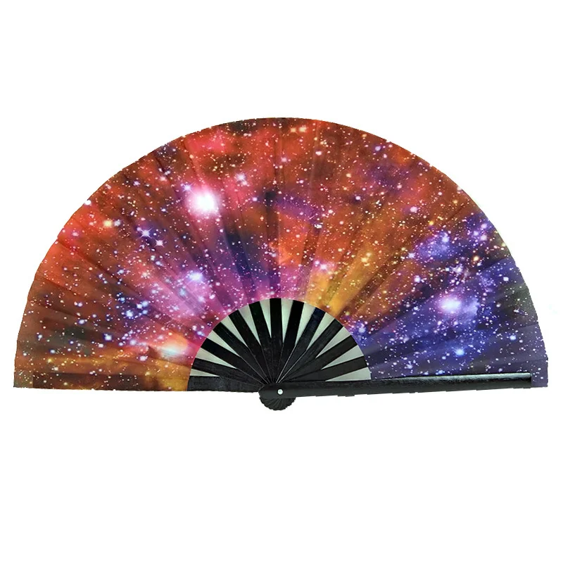 Folding fan printed with a colorful galaxy scene above black ribs