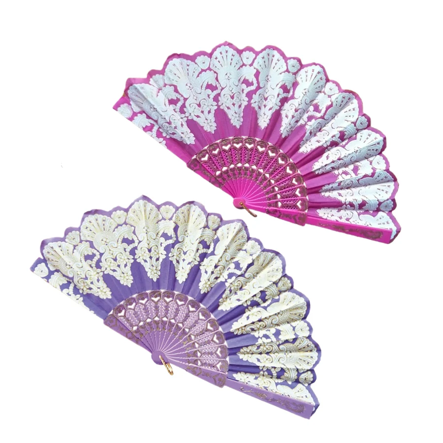 Pink and purple folding fans with cream ornamental details and scalloped edges