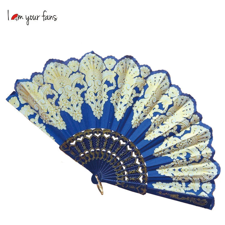 Blue folding fan with cream ornamental decoration and a scalloped outline