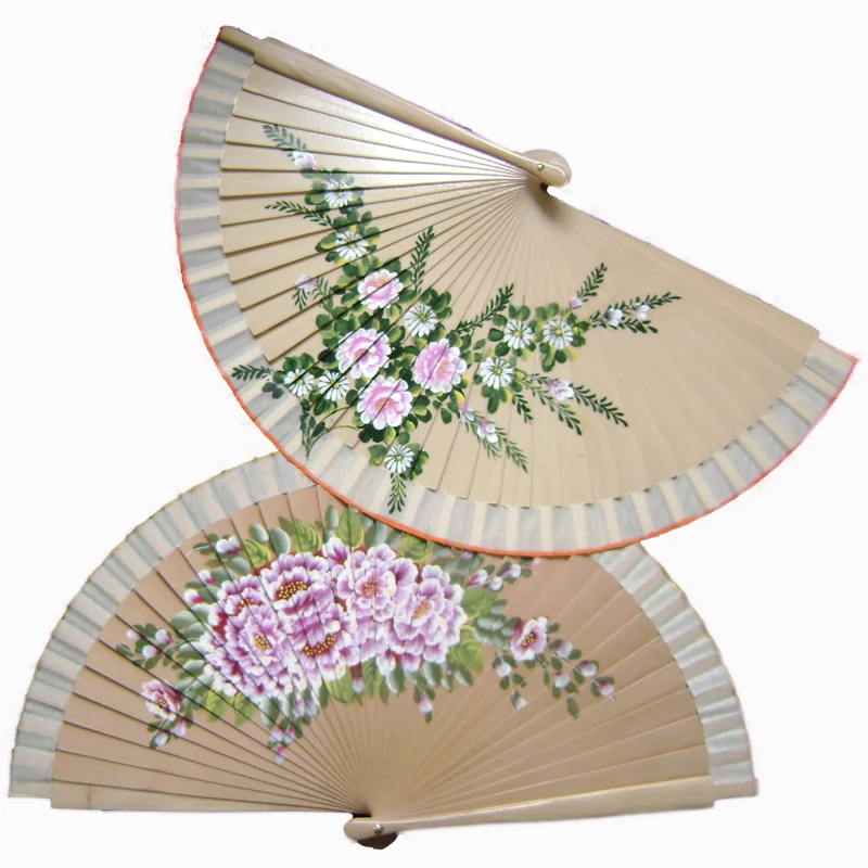 Two cream folding fans with pink roses and green leaves