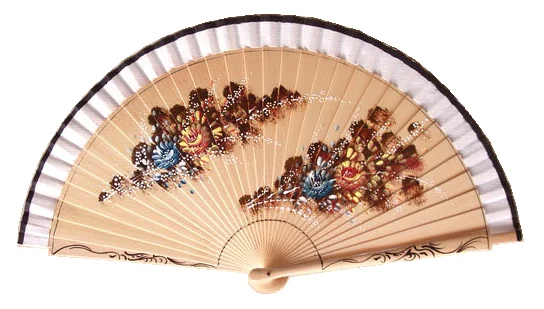 Cream folding fan with a dark curved border and warm floral decoration