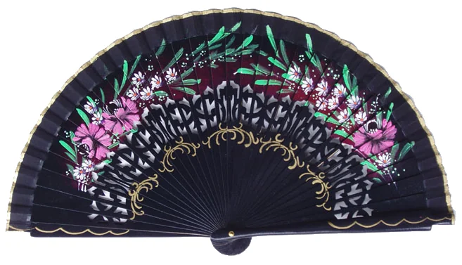 Dark folding fan with pink flowers and ornamental cutout details