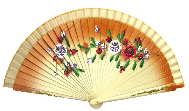 Cream folding fan with a curved spray of colorful flowers