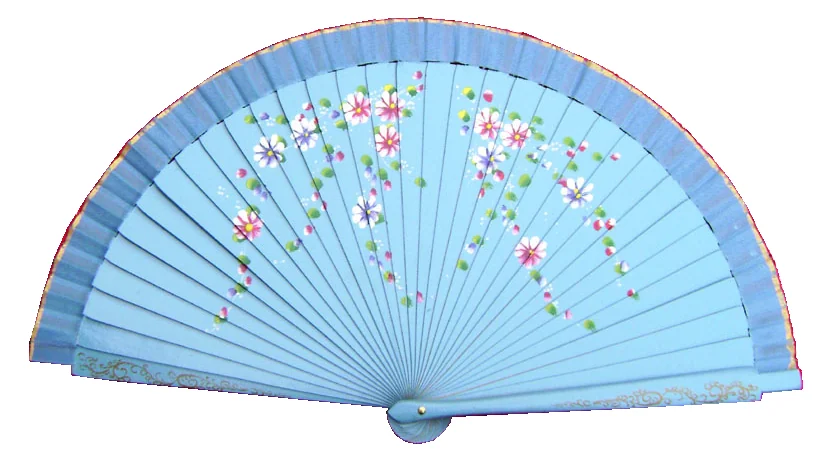 Pale blue folding fan with small floral sprays across the leaf