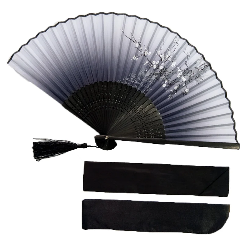 Gray gradient blossom fan with black ribs, tassel and black sleeves