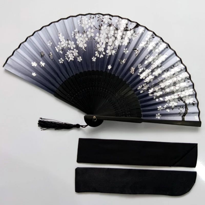 Dark gray blossom folding fan shown with a coordinated black sleeve