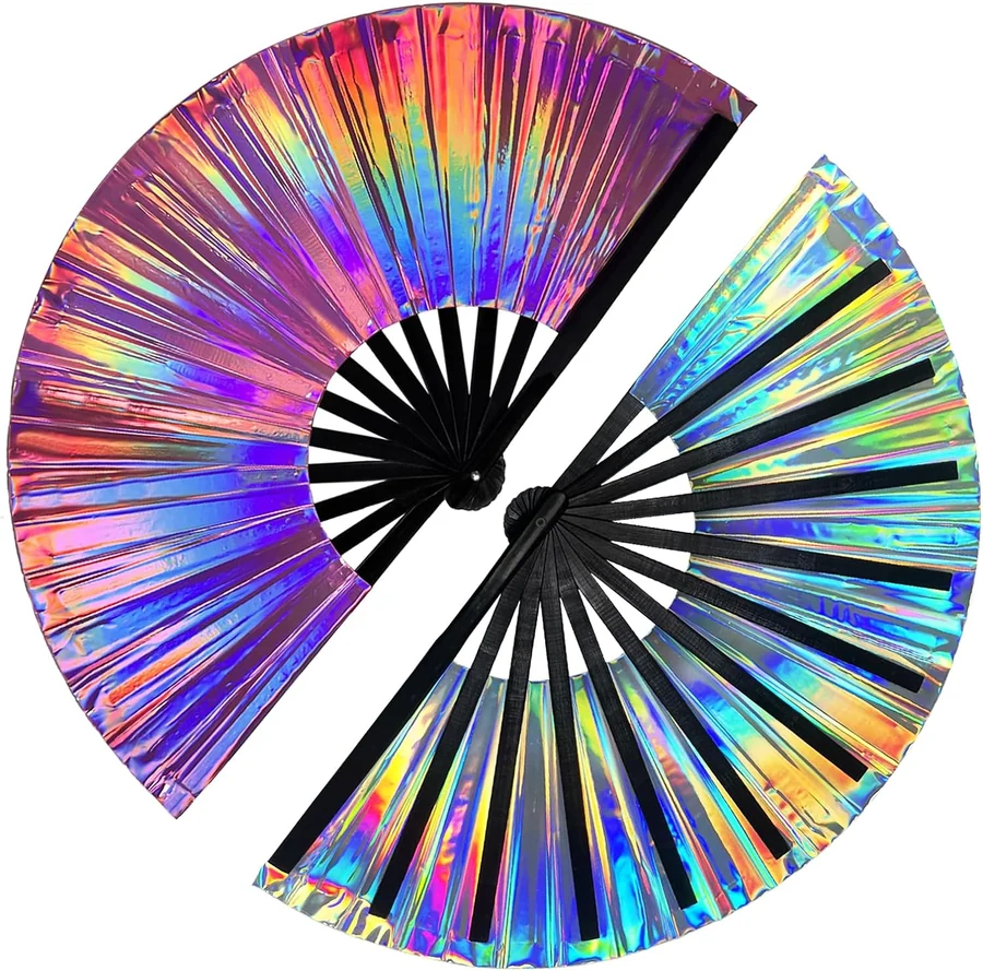 Two iridescent folding fans with dark ribs and multicolored reflective surfaces