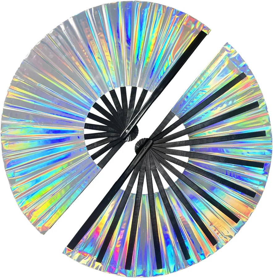 Silver iridescent folding fan pair showing rainbow reflections and black ribs