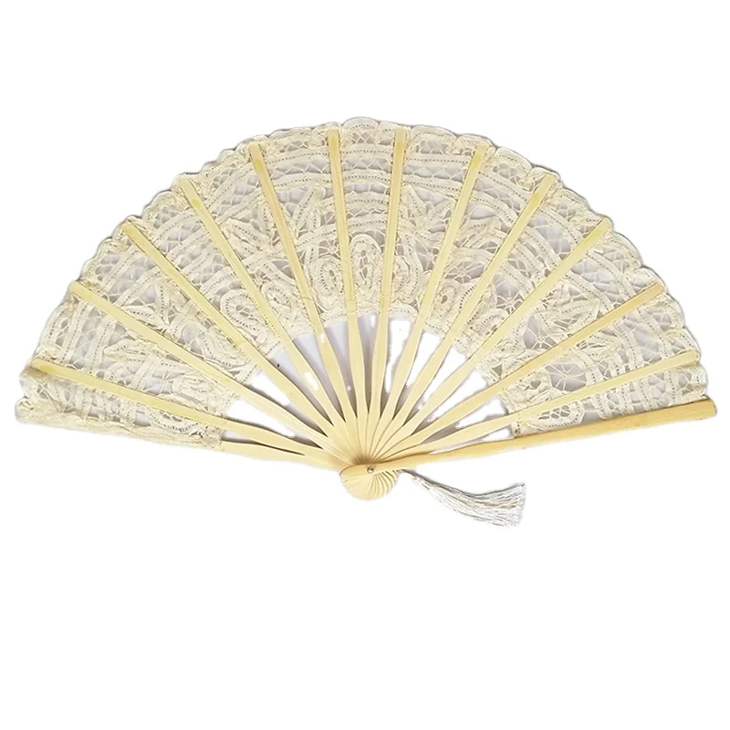 Cream colored lace folding fan with a pale frame and white tassel