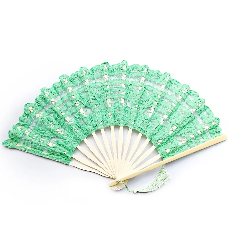 Mint green lace folding fan with a pale frame and light tassel