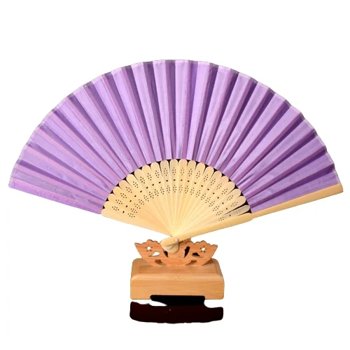 Lilac folding fan opened on a small display stand
