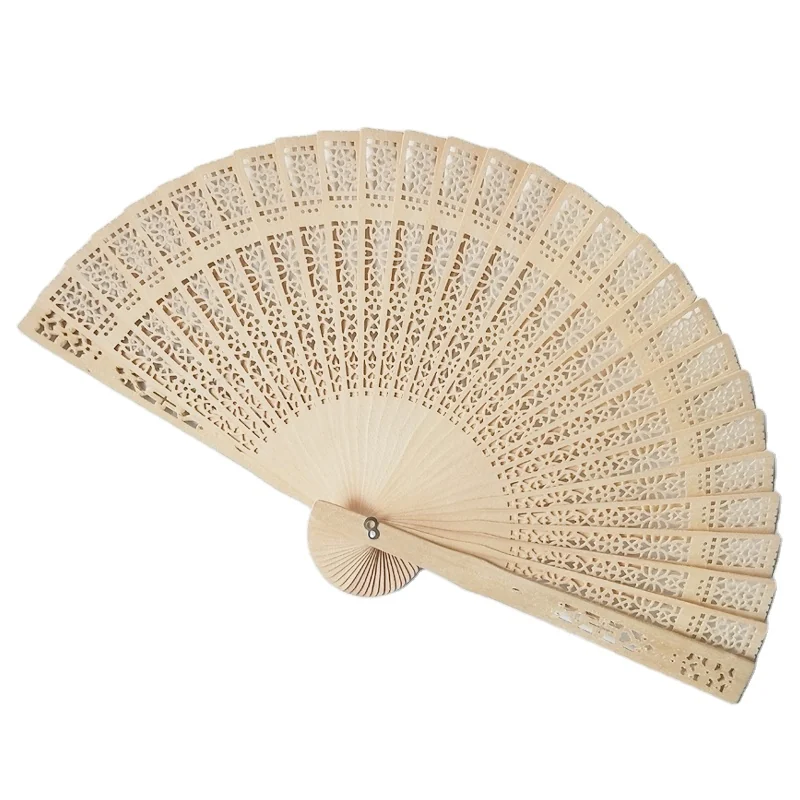 Open natural tone fan showing the repeating pierced pattern across its ribs
