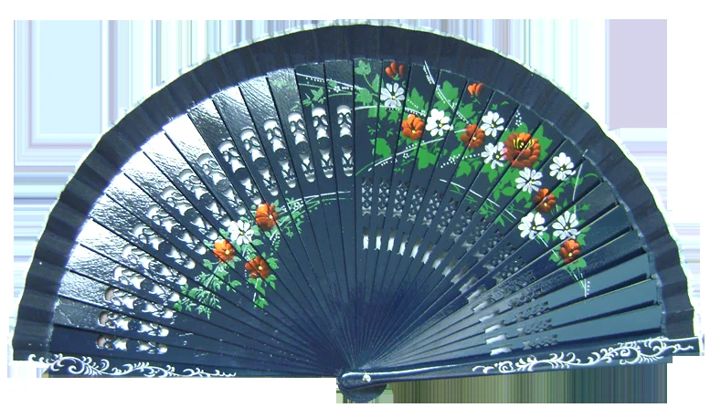 Dark openwork folding fan decorated with small colorful flowers
