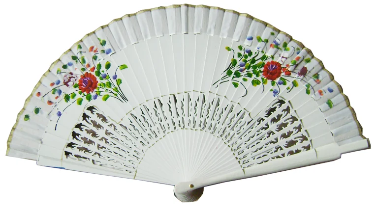 White openwork folding fan with floral accents and a scalloped edge