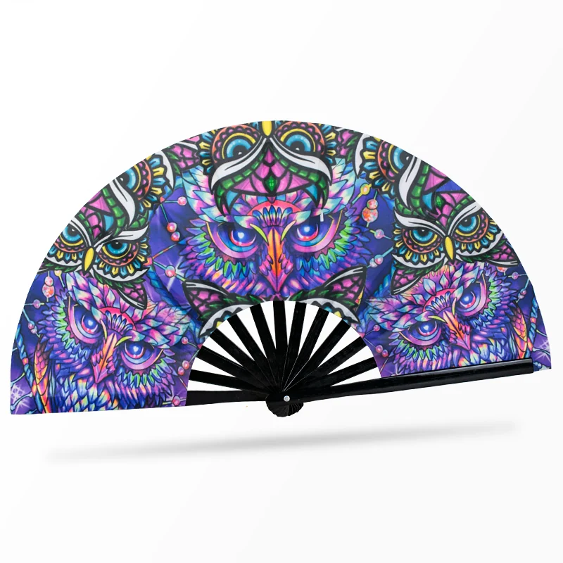 Large folding fan printed with a colorful symmetrical owl pattern and black ribs