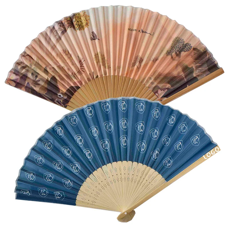 Brown and blue patterned folding fans with contrasting pale and darker frames