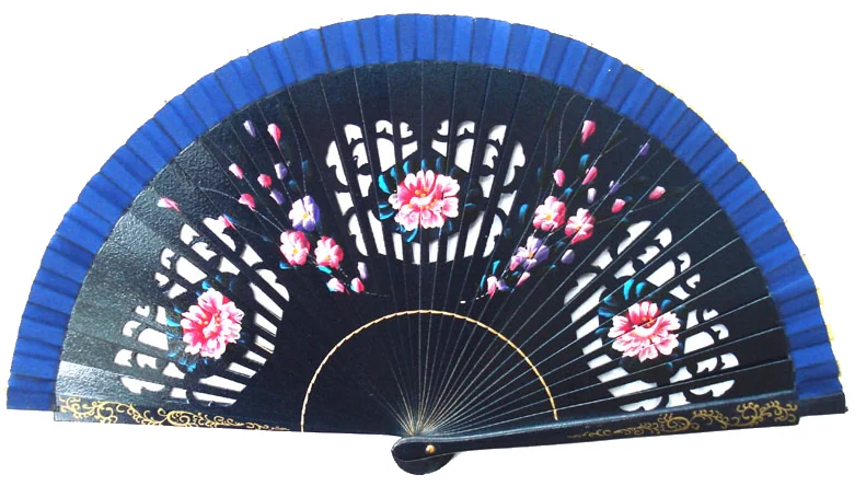 Dark blue folding fan with pierced details and pink floral motifs